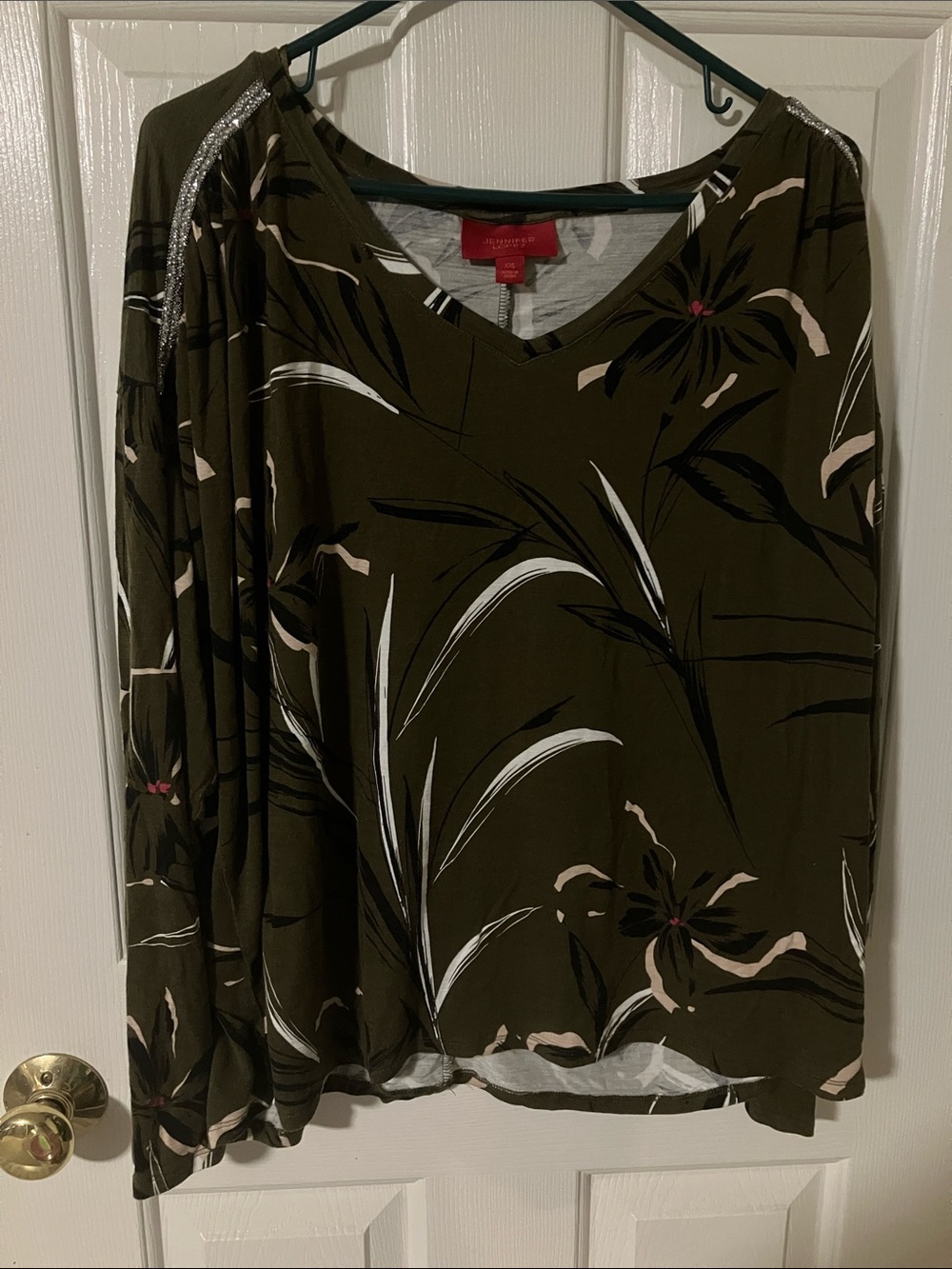 Jennifer Lopez Olive Floral V-Neck Long Sleeve Top with Silver Shoulder Accent